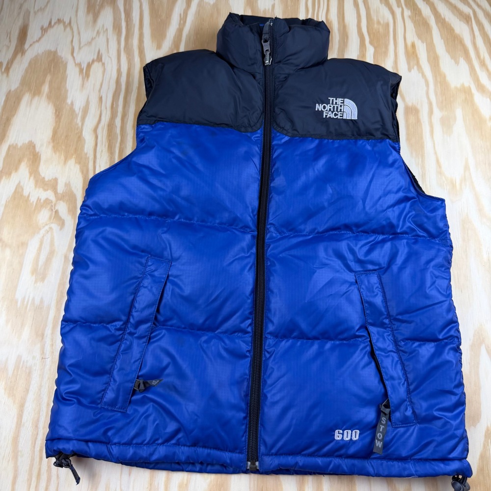 The North Face Boys Nuptse 600 Down Puffer Vest Blue Black Size Medium M